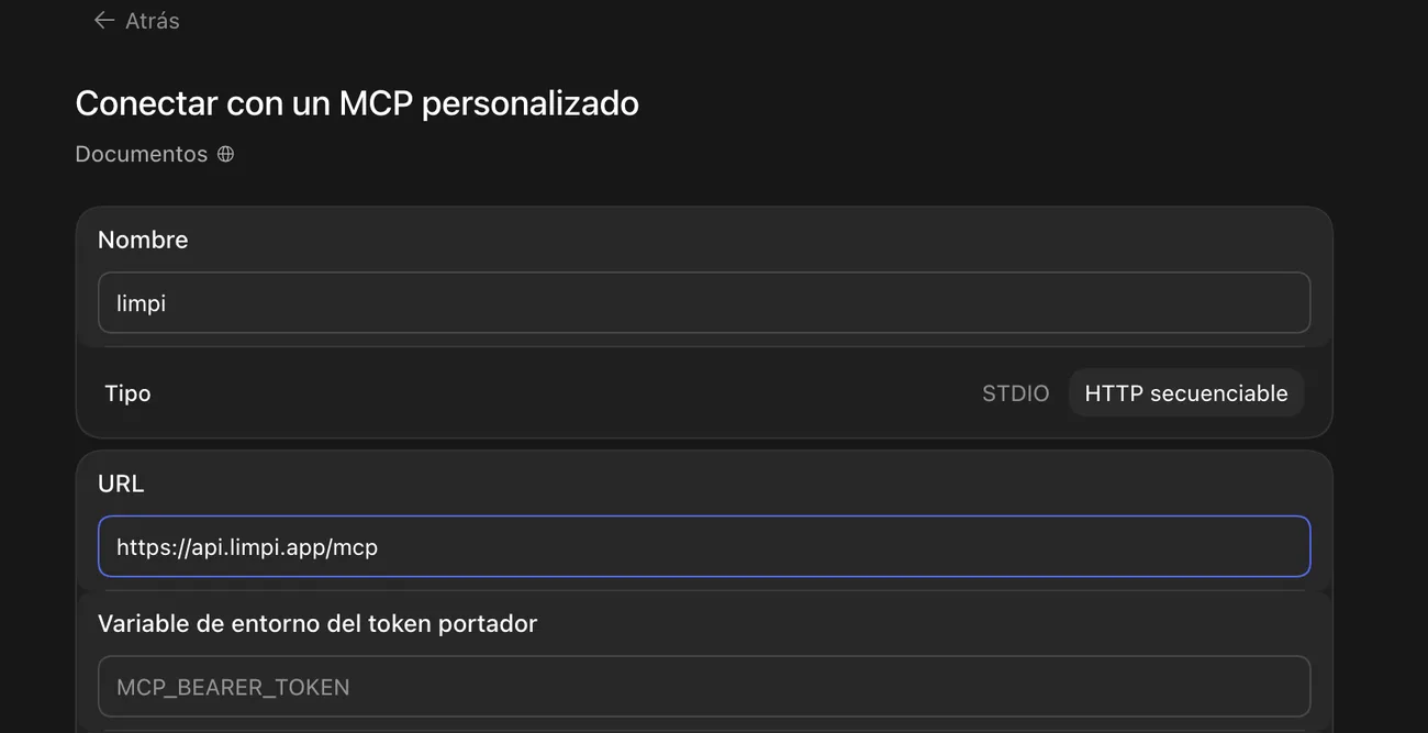 Formulario «Conectar con un MCP personalizado» de ChatGPT: nombre limpi, tipo HTTP secuenciable y URL https://api.limpi.app/mcp