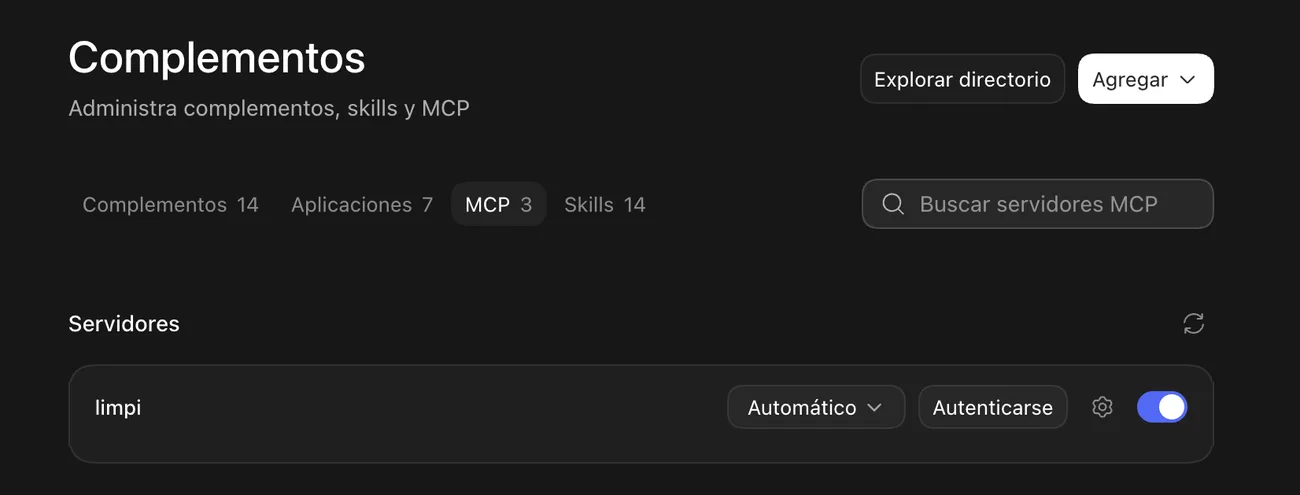 Lista de servidores MCP de ChatGPT con limpi guardado y el botón Autenticarse