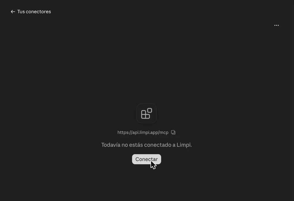Conector Limpi en claude.ai: «Todavía no estás conectado a Limpi» y el botón Conectar
