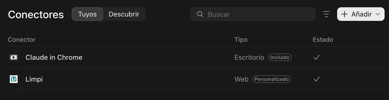 Configuración de la app de escritorio de Claude, sección Conectores: Claude in Chrome incluido y Limpi, web, personalizado, conectado