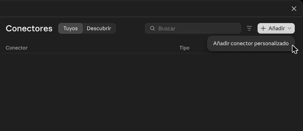 Sección Conectores de la configuración de claude.ai, con el menú Añadir abierto en «Añadir conector personalizado»