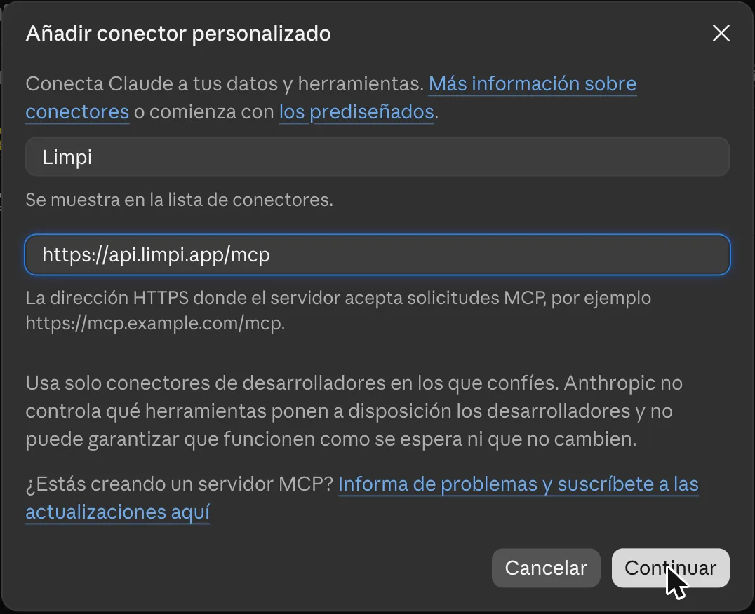 Diálogo «Añadir conector personalizado» de claude.ai con el nombre Limpi y la dirección https://api.limpi.app/mcp