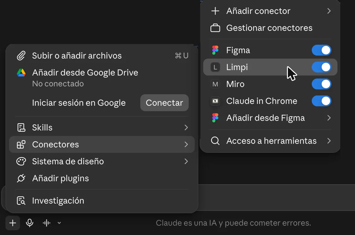 Menú + de un chat de claude.ai abierto en Conectores, con Limpi activado