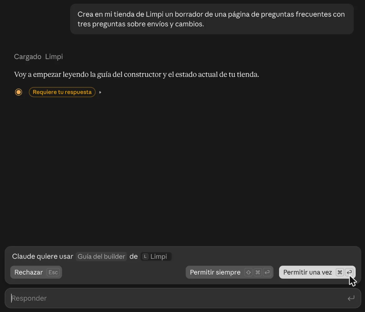 Chat de claude.ai: la petición a Limpi y el aviso «Claude quiere usar Guía del builder de Limpi» con Permitir una vez