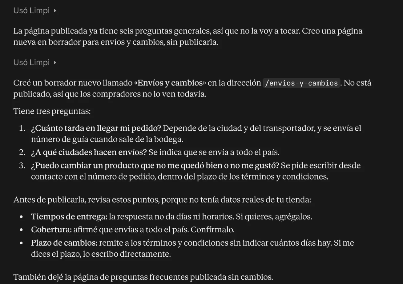 Respuesta de Claude: creó el borrador «Envíos y cambios» en la tienda con tres preguntas, sin publicarlo