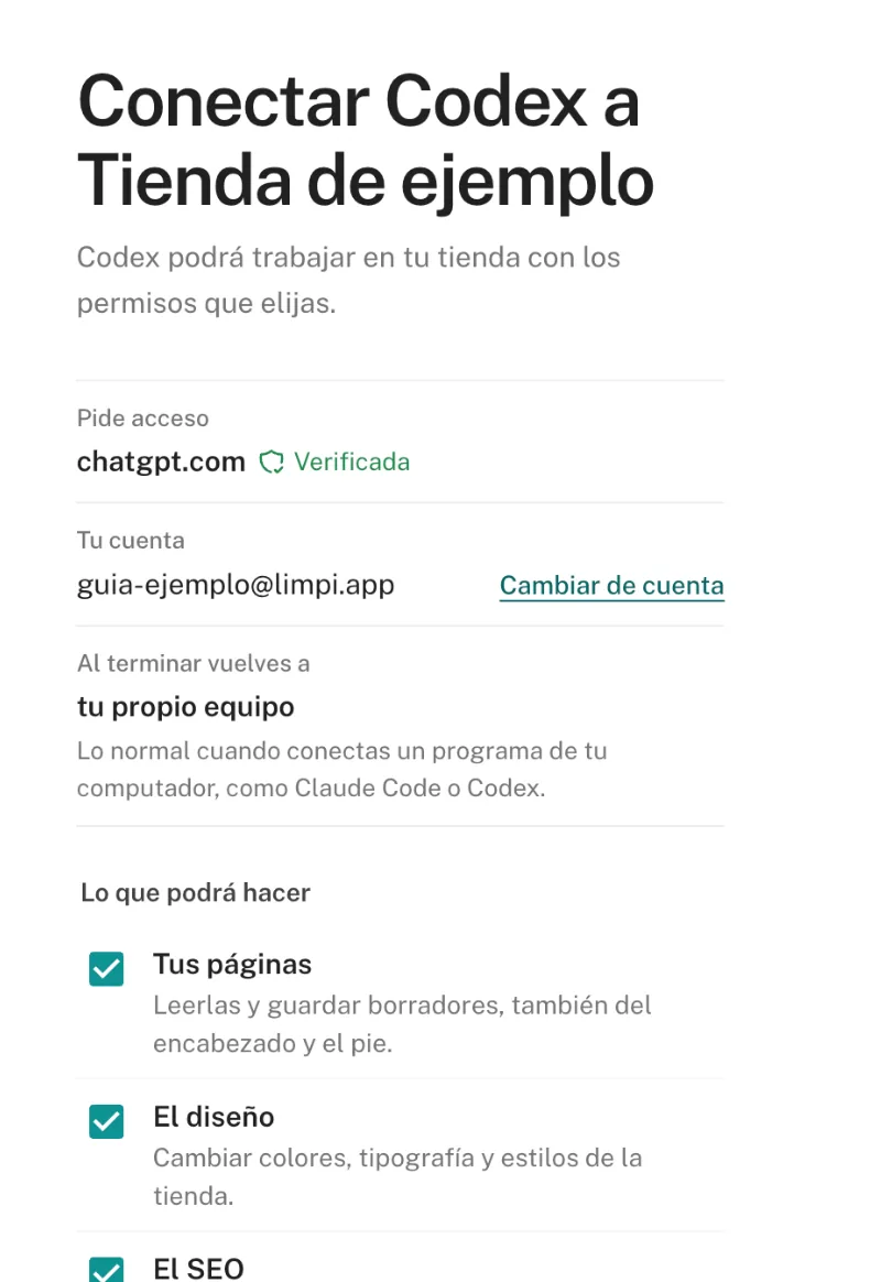 Pantalla de Limpi «Conectar Codex a Tienda de ejemplo»: pide acceso chatgpt.com, verificada; vuelves a tu propio equipo
