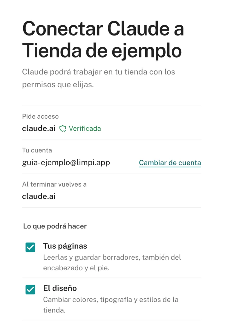Pantalla de Limpi «Conectar Claude a Tienda de ejemplo»: pide acceso claude.ai, verificada; tu cuenta; vuelves a claude.ai