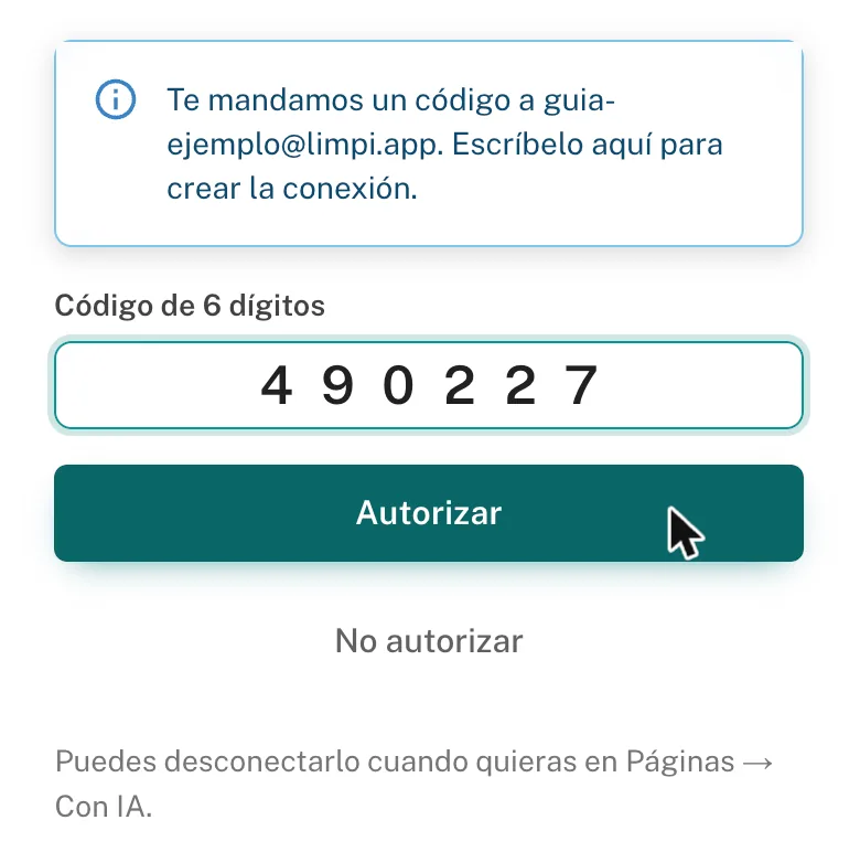 Paso del código en Limpi: aviso de código enviado, el código de 6 dígitos escrito y el botón Autorizar