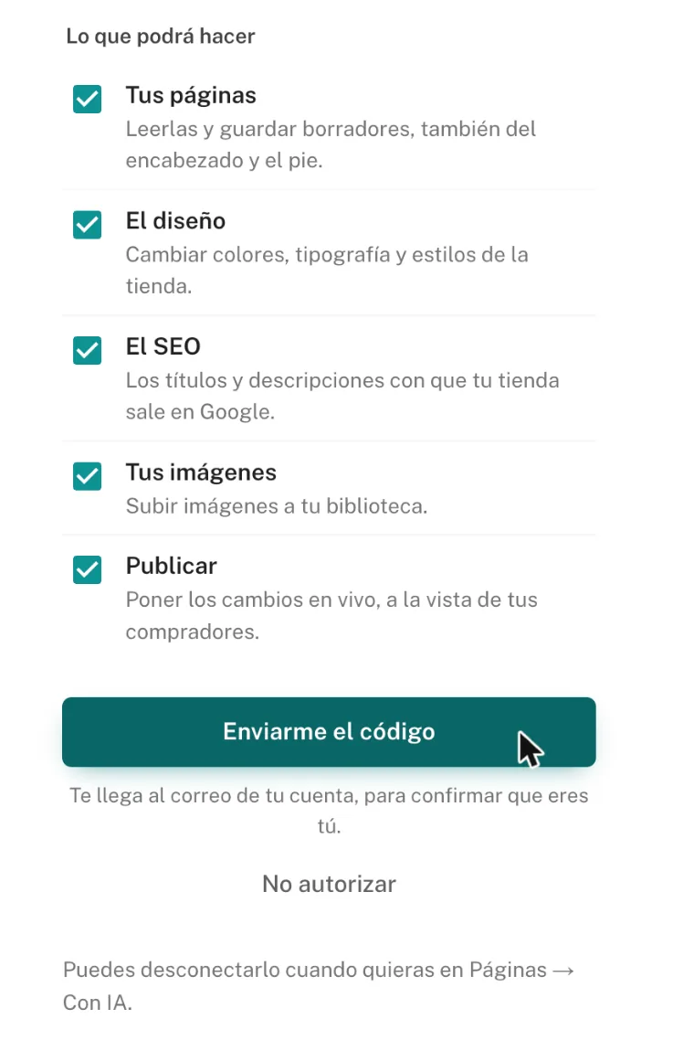 Lista de permisos de Limpi (páginas, diseño, SEO, imágenes, publicar) y el botón «Enviarme el código»