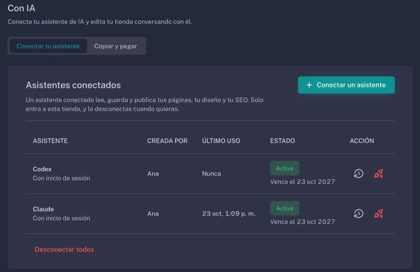 Panel de Limpi, Con IA: la tabla Asistentes conectados con Codex y Claude activos